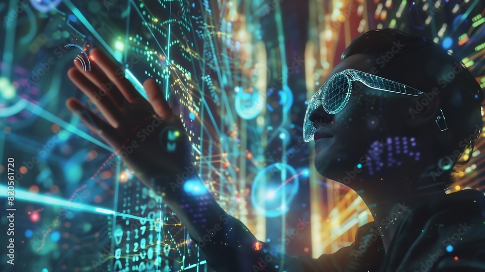 Aufkleber Metaverse and Blockchain Technology Concepts Person with Glasses try to Touching Object for Experiences of Metaverse Virtual World Futuristic Tone : Generative AI