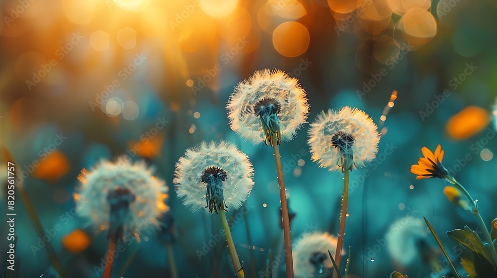Aufkleber floral summer spring background yellow dandelion flowers closeup in a field on nature on a dark blue