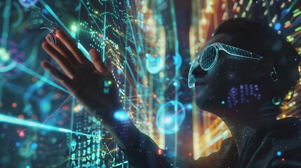 Metaverse and Blockchain Technology Concepts Person with Glasses try to Touching Object for Experiences of Metaverse Virtual World Futuristic Tone : Generative AI