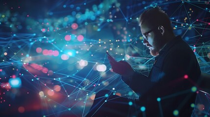 Digital technology big data internet network connection futuristic innovation technology background Man using mobile phone and laptop and smart city : Generative AI