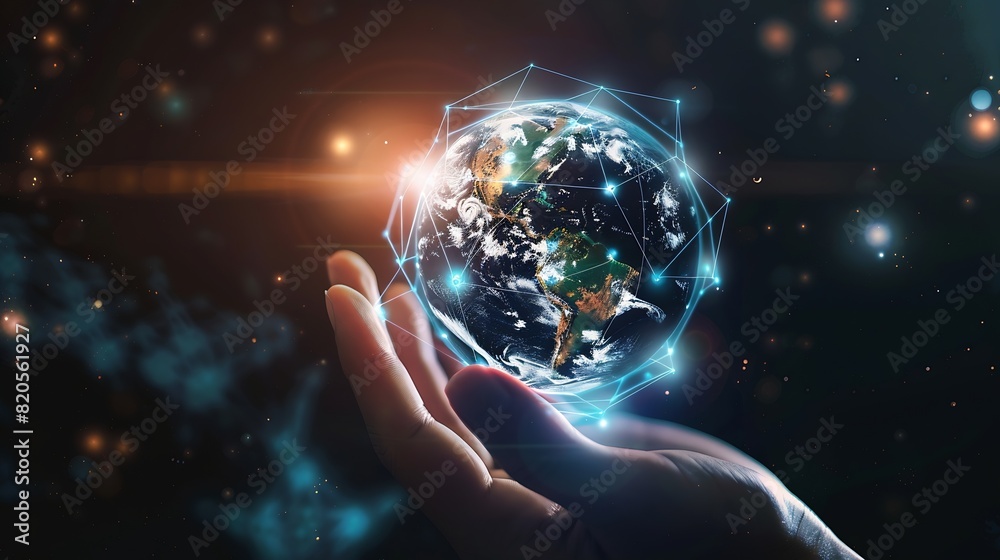 Aufkleber Metaverse TechnologyNext generation technologyGlobal networking connectionscience innovation and communication technologyHand holding earth globe with data exchanges on connection tech : Generative AI