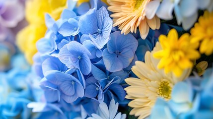Bouquet from blue hydrangeas and yellow asters a flower background : Generative AI