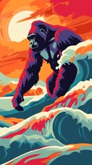 A minimalistic representation of the power and strength of a gorilla against a backdrop of waves crashing
