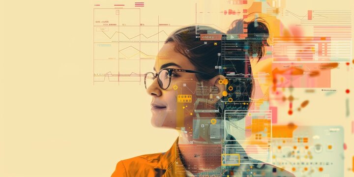 portrait of a young woman wearing glasses with a double exposure effect