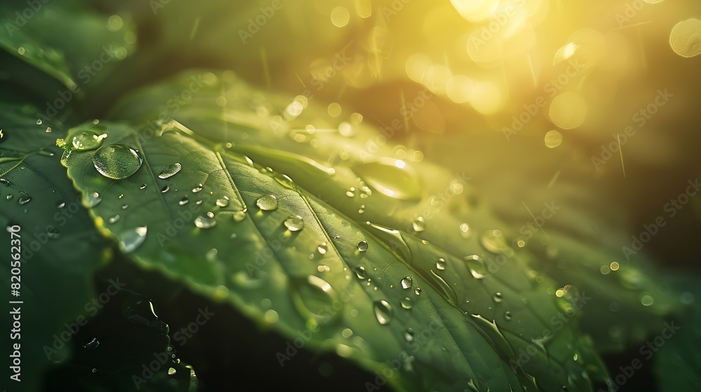 Poster large beautiful drops of transparent rain water on a green leaf macro drops of dew in the morning gl