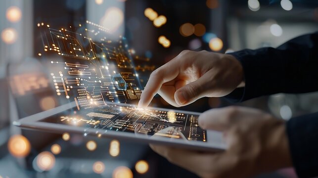 Digital technology software development concept Coding programmer software engineer using digital tablet with circuit board and javascript on virtual screen internet of things IoT : Generative AI
