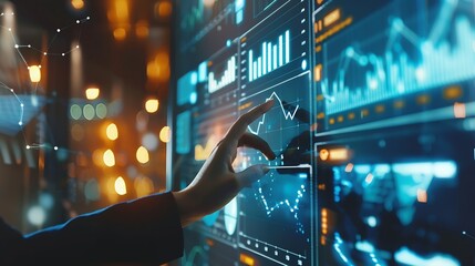 Data science business analysis and strategy big data conceptBusiness teamwork analyzing financial graph on virtual touch screen futuristic technology solution for business development : Generative AI