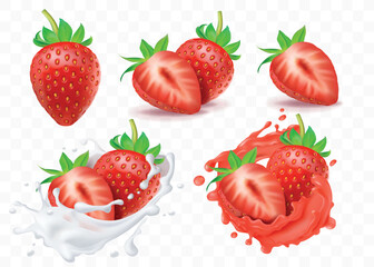Strawberry in splash. Fruit milk, cream and milkshake, juice or yogurt in motion, fresh realistic berry whole, half and slices, smoothie or cocktail. Packaging design vector isolated 3d set
