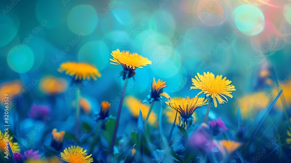 Aufkleber floral summer spring background yellow dandelion flowers closeup in a field on nature on a dark blue
