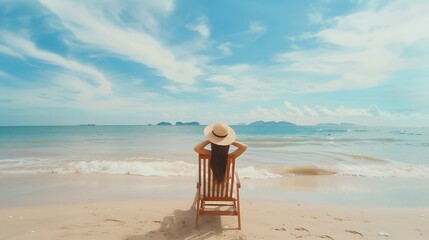 Summer beach travel vacation concept Happy traveler asian woman with hat relax on chair beach at Pattaya Chon Buri Thailand : Generative AI