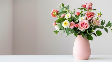 Fototapeta premium Beautiful cottage style flower arrangement in a pink vase on a white table Flower bunch include Rose Snapdragon Ranunculus Daisys Sweet William Chrysanthemum and lush green foliage : Generative AI