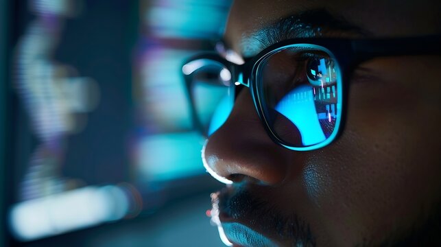 Focused developer coder wears glasses working on computer looking at programming code data cyber security digital tech reflecting in spectacles developing software program focus on eye : Generative AI