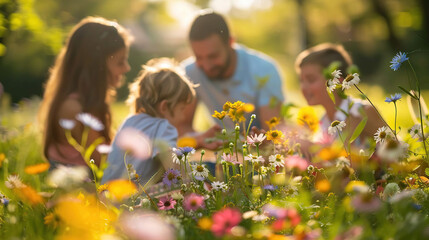 A happy family gathered in a natural landscape, enjoying a picnic amidst blooming flowers, lush grass, and under the warm sunlight