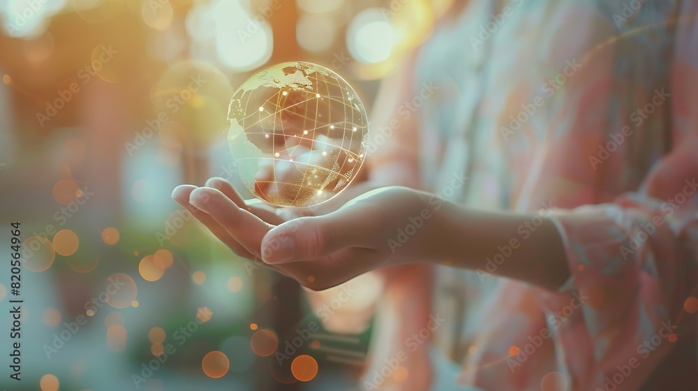 Leinwandbilder woman hand holding virtual global internet connection metaverse business global internet connection 