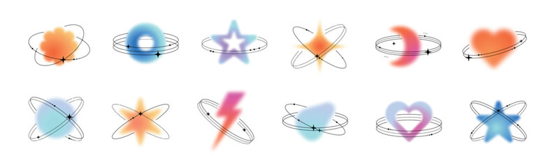 Y2k gradients. Heart, flower and star, aesthetic stickers, retro moon and planet shapes, cute figures. Abstract geometric hologram logo. Minimal emblem or logotype. Vector mesh graphic elements