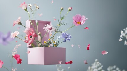 Pink gift box with various flowers on grey background Flying flowers from the box Valentines day aesthetic nature concept 8 March card idea : Generative AI
