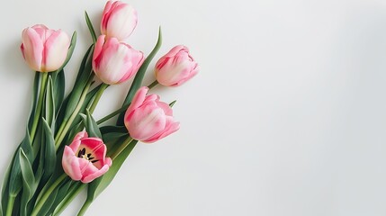 Pink tulip flowers bouquet on white background Flat lay top view : Generative AI