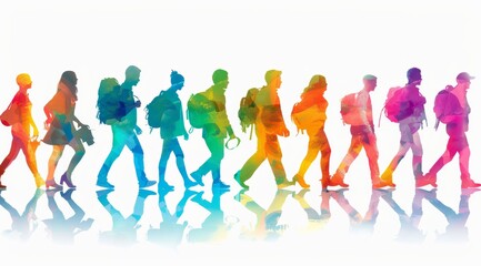 A diverse group of people, each representing different silhouettes and sizes, walking in unison towards the right side on an isolated white background. The colors should be vibrant