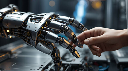 The human finger delicately touches the finger of a robot's metallic finger . black and blue background.
