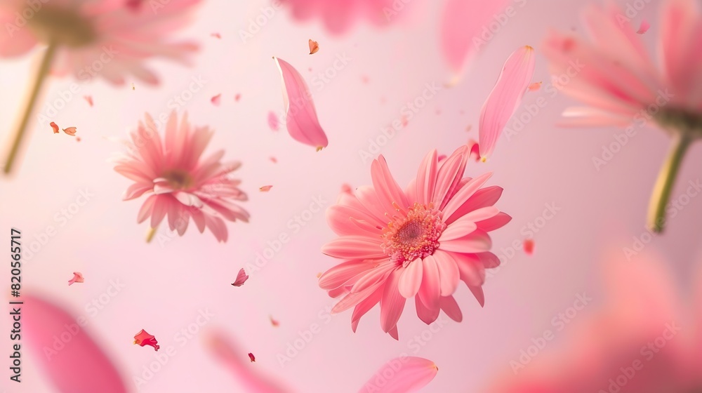 Poster a beautiful image of sping pink flowers flying in the air on the pastel pink background levitation c
