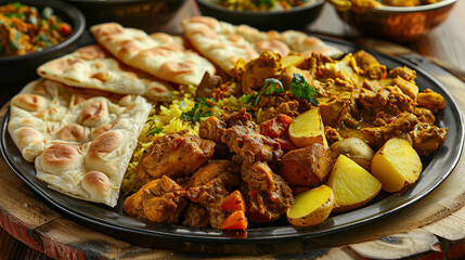 A platter of Surinamese roti, with soft and flaky flatbread served with curried chicken, potatoes, and vegetables, for a flavorful and satisfying meal.