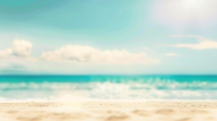 Obraz premium Abstract blur defocused background nature of tropical summer beach with rays of sun light Golden sand beach sea water against blue sky with white clouds Copy space summer vacation conc : Generative AI