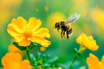 Naklejka premium Close-up of a bee flying towards a yellow flower in a garden