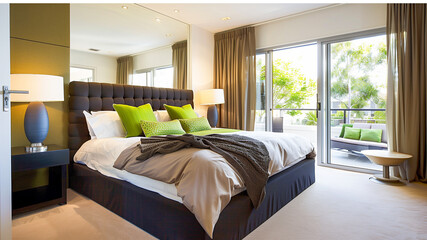 Cozy bedroom with bright beautiful accents and natural light.