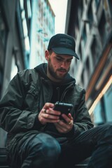 Social Media Day. Focused man in casual attire using a smartphone in an urban environment, capturing the everyday reliance on digital devices for connectivity