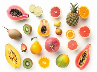 Tropical Paradise: Top View of Fresh Exotic Fruits on White Background