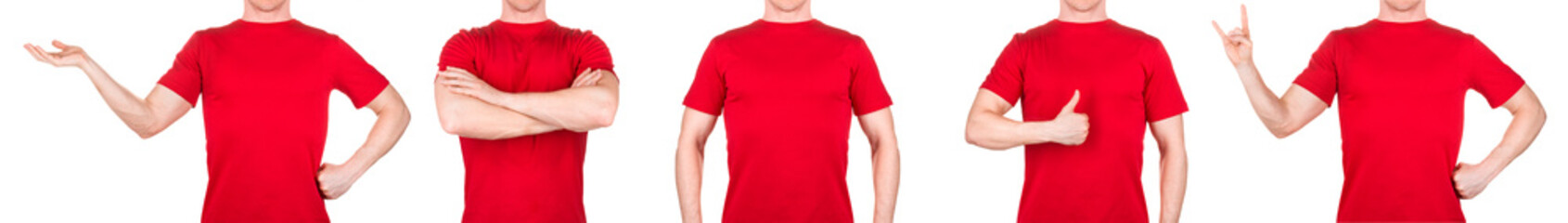 Man in red t-shirt showing or holding something in his arm on white background