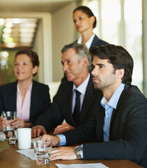 Business people, meeting and listening in office together for communication, discussion or deal...