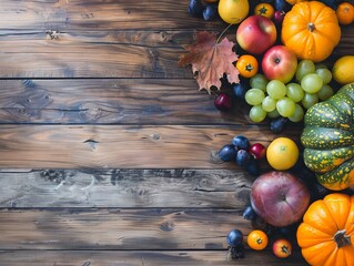 Harvest Bounty: Seasonal Fall Fruits and Pumpkin on Wooden Table