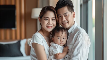 Obraz premium Thai family smiling and embracing indoors, symbolizing love, unity, and togetherness, perfect for family-focused advertisements and promotions on stock photo platforms.