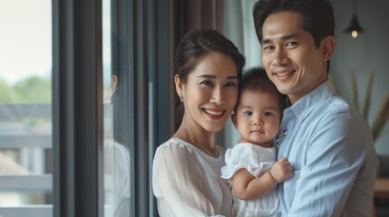 Obraz premium Happy Thai family portrait with parents and baby indoors, symbolizing family love, bonding, and happiness, perfect for promoting family values on stock photo platforms.