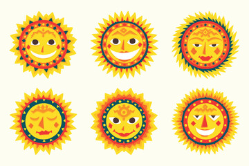 Sun faces. Abstract Indian graphic, summer characters, ethnic Aztec doodle style smiles, cute funny circles stickers, spring day colorful design shiny symbols. Vector cartoon isolated set