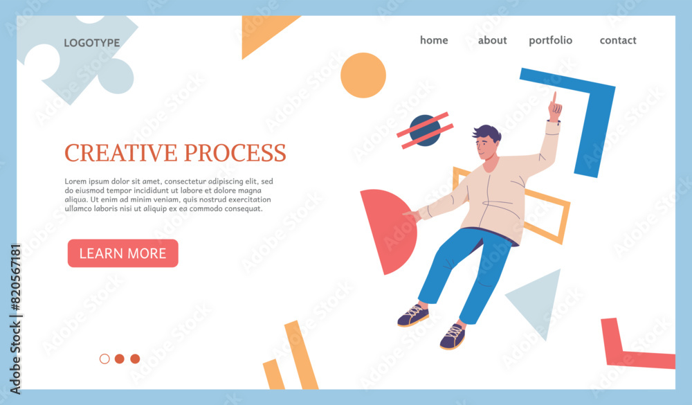 Fototapete Creative process landing page. Business brainstorm. Businessman finding innovative idea. Website design template. Man with abstract shapes. Creativity challenge. Vector web background