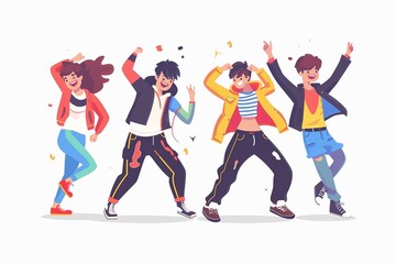 Group of teenage friends dancing in fun and happiness, friends, vector teenagers dancing with notes.