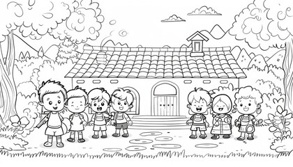 A simple coloring line drawing of a school with children depicting a separate story and interacting with other characters, thick lines for easy coloring by children, cartoon style, white background