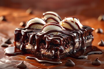 Realistic image of warm chocolate brownie and vanilla ice-cream topped with chocolate sauce....