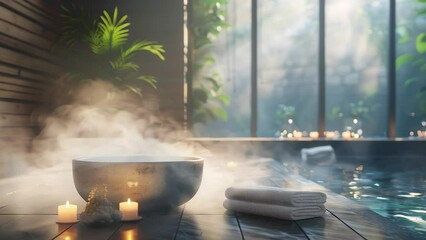 luxurious spa video background with candles, rolled towels, and flowers, serene atmosphere for relaxation and wellness, concept for spa retreats, beauty salons, wellness centers.