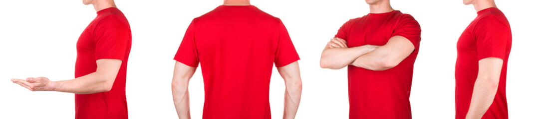 Front view of confident male in blank red t-shirt posing with crossed arms
