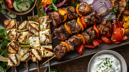 A platter of Turkish kebabs, with juicy skewers of grilled meat, vegetables, and halloumi cheese,...
