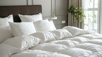 A bed with white pillows and white flowers on it.

