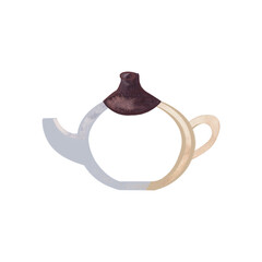 Empty transparent glass teapot with dark brown wooden lid in sketch style. Clipart. Isolated watercolor illustration on a white background for the design of menus, tea and coffee shops