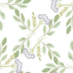 White oregano and soft green branches with leaves. Seamless watercolor pattern for fabric, wallpaper, wrapping paper, packaging cosmetics, tablecloths, curtains and home textiles.
