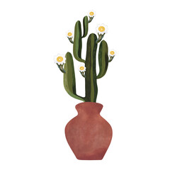 Blooming cactus in a red ceramic amphora pot. Plants for the home. Floriculture. Interior decoration. Isolated watercolor illustration on white background. Clipart.