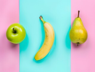 Fruit Rainbow in Top View: Banana on Blue, Apple on Green, Pear on Pink Background