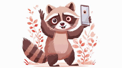 Raccoon recording video selfie waving hi. Cute funny