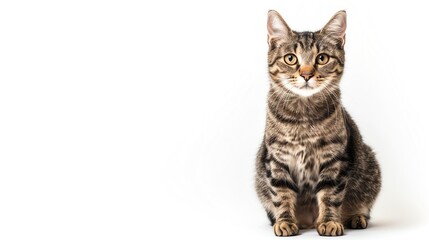 Manx cat without a tail, isolated on white background, sitting proudly, high key lighting